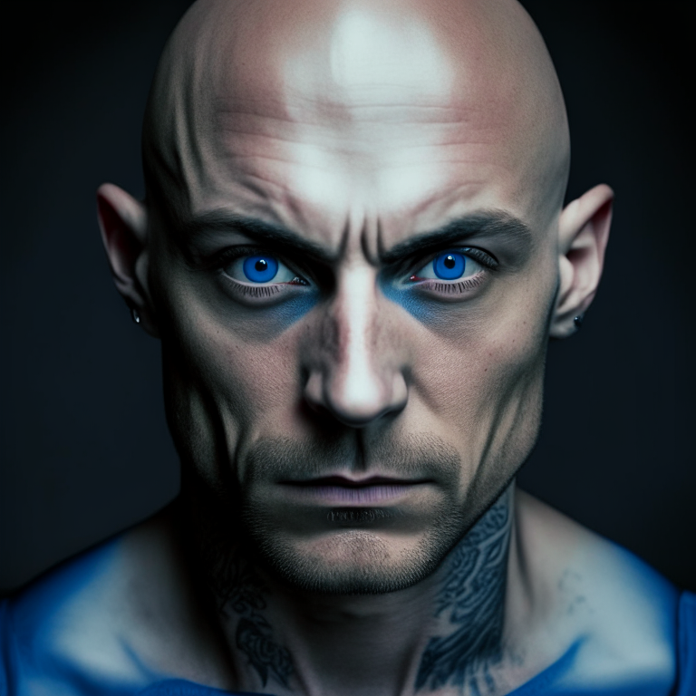 bald head guy gangster shoulder up photo staring at the camera he has tattoos all over and deep blue eyes