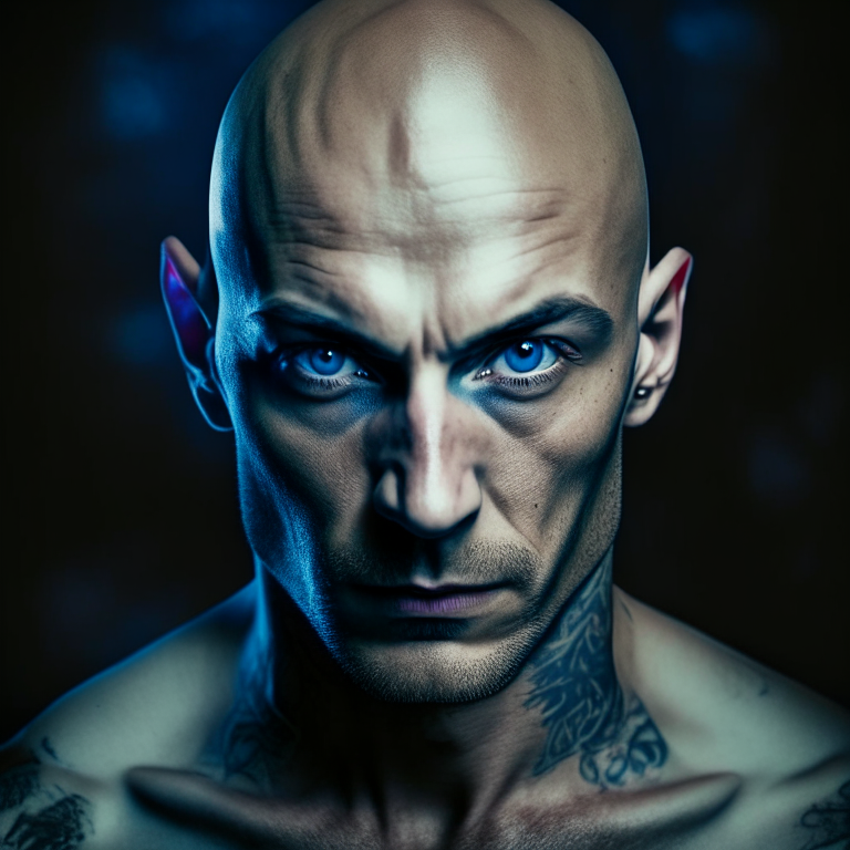 bald head guy gangster shoulder up photo staring at the camera he has tattoos all over and deep blue eyes high quality image sufficient lightening