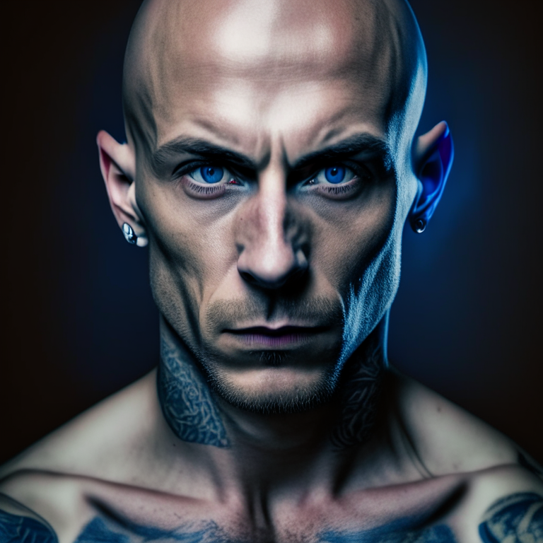 “bald head guy gangster shoulder up photo staring at the camera he has tattoos all over and deep blue eyes high quality image sufficient lightening” a jpeg image high detailed quality