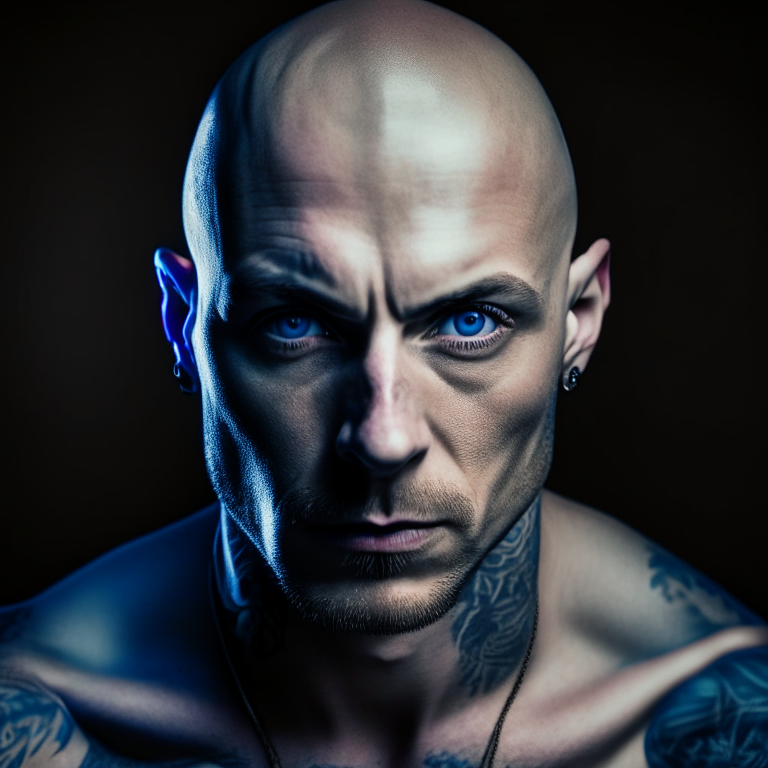 “bald head guy gangster shoulder up photo staring at the camera he has tattoos all over and deep blue eyes high quality image sufficient lightening” a jpeg image high detailed quality”