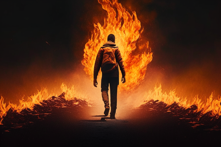 Man walking through fire