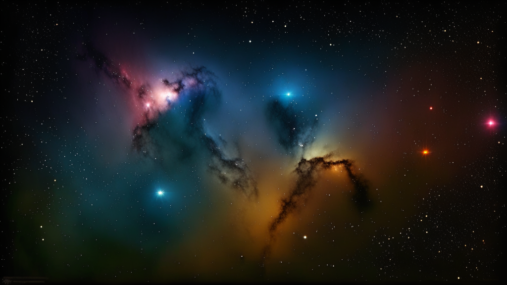 Una vista spettacolare di galassie luminose e nebulose in uno sfondo cosmico nero, proporzioni 16:9