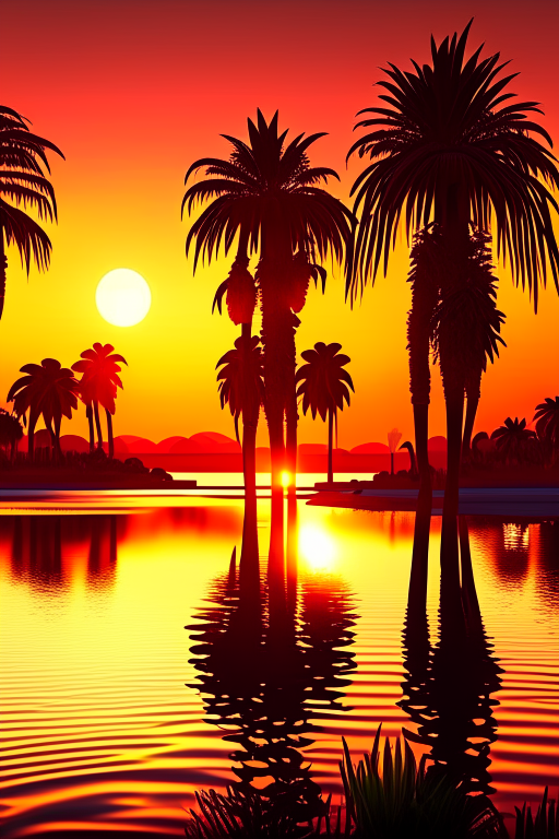 Create visually appalling sunset scene with palm trees and river