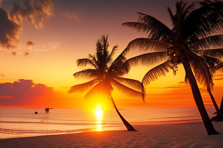 Sun setting on a beach with palm trees. 