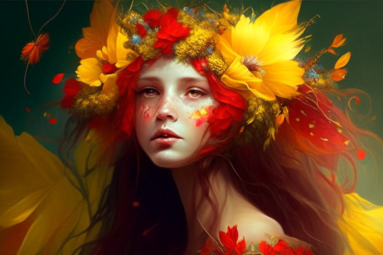 Beautiful fairy with red and yellow flowers in her hair