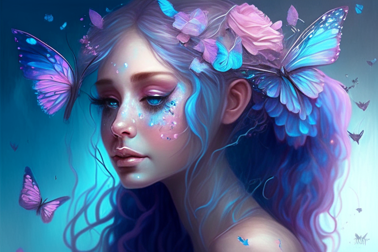 Beautiful fairy with blue and pink butterflies in her hair