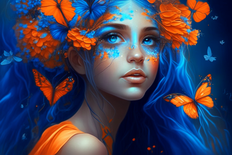 Beautiful fairy with orange flowers and electric blue butterflies in her hair looking at the camera 