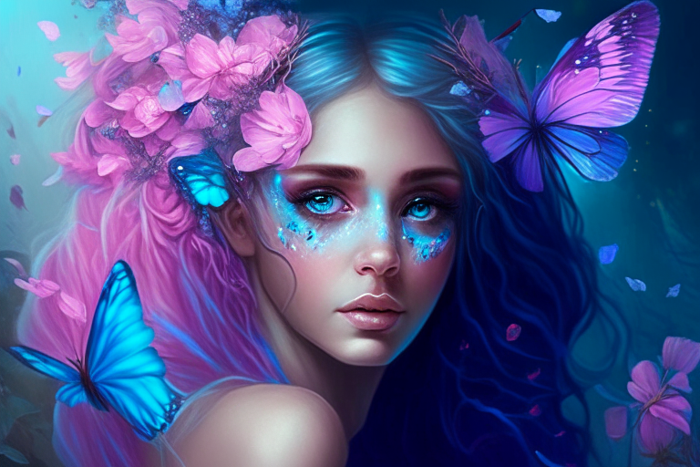 Beautiful fairy with pink flowers and electric blue butterflies in her hair looking at the camera 