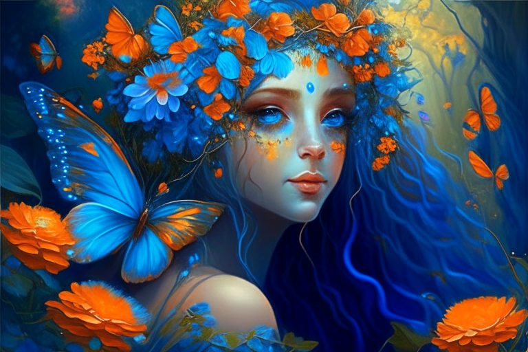 Beautiful fairy with electric blue flowers and orange butterflies in her hair in a garden