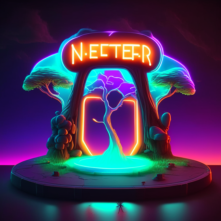 neon sign nether portal, nether portal made out of glass tubes with lights in them, light emitting diode nether portal l.e.d , scene location poker table floor, cartoon sun, 8k realistic , adventure time tree style , clouds