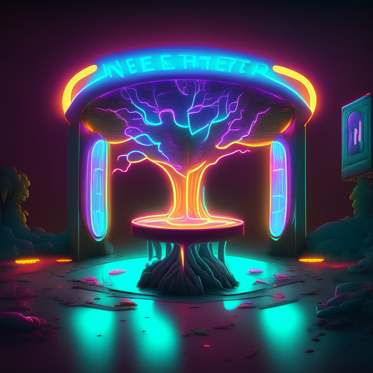 neon sign nether portal, nether portal made out of glass tubes with lights in them, light emitting diode nether portal l.e.d , scene location poker table floor, cartoon sun, 8k realistic , adventure time tree style , clouds, daytime