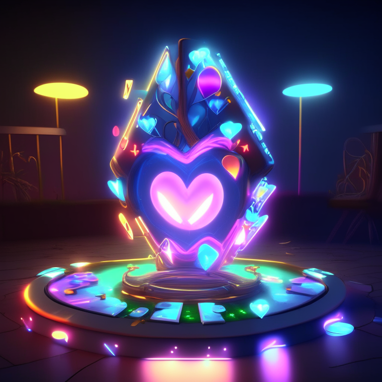 poker card, diamonds, hearts, spades,neon sign nether portal, nether portal made out of glass tubes with lights in them, light emitting diode nether portal l.e.d , scene location poker table floor, cartoon sun, 8k realistic , adventure time tree style , clouds, daytime