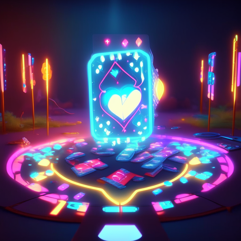 poker card, diamonds, hearts, spades,clubs , neon sign nether portal, nether portal made out of glass tubes with lights in them, light emitting diode nether portal l.e.d , scene location poker table floor, cartoon sun, 8k realistic , adventure time tree style , clouds, daytime