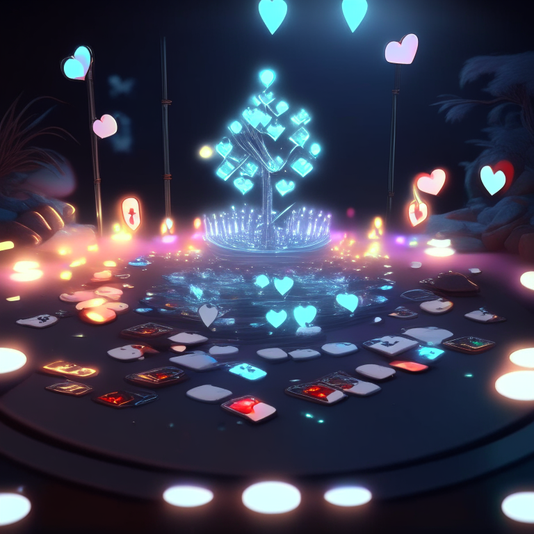 poker card, diamonds, hearts, spades,clubs , black rock nether portal, nether portal made out of glass tubes with lights in them, light emitting diode nether portal l.e.d , scene location poker table floor, cartoon sun, 8k realistic , adventure time tree style , clouds, daytime