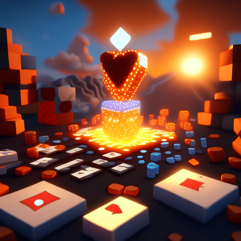 poker card, diamonds, hearts, spades,clubs , black rock nether portal, nether portal made out of glass tubes with lights in them, scene location poker table floor, cartoon sun, 8k realistic , clouds, daytime, minecraft alex orange hair