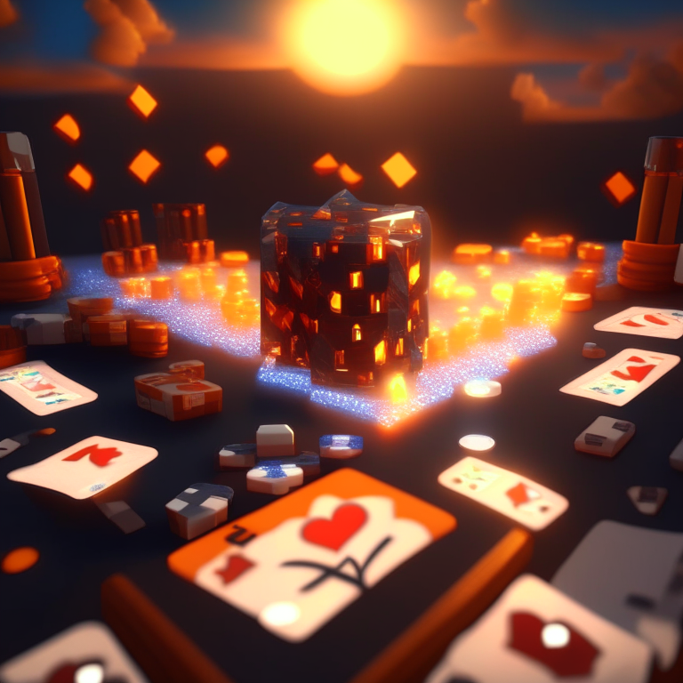 poker card, diamonds, hearts, spades,clubs , black rock nether portal, nether portal made out of glass tubes with lights in them, scene location poker table floor, cartoon sun, 8k realistic , clouds, daytime, minecraft alex orange hair