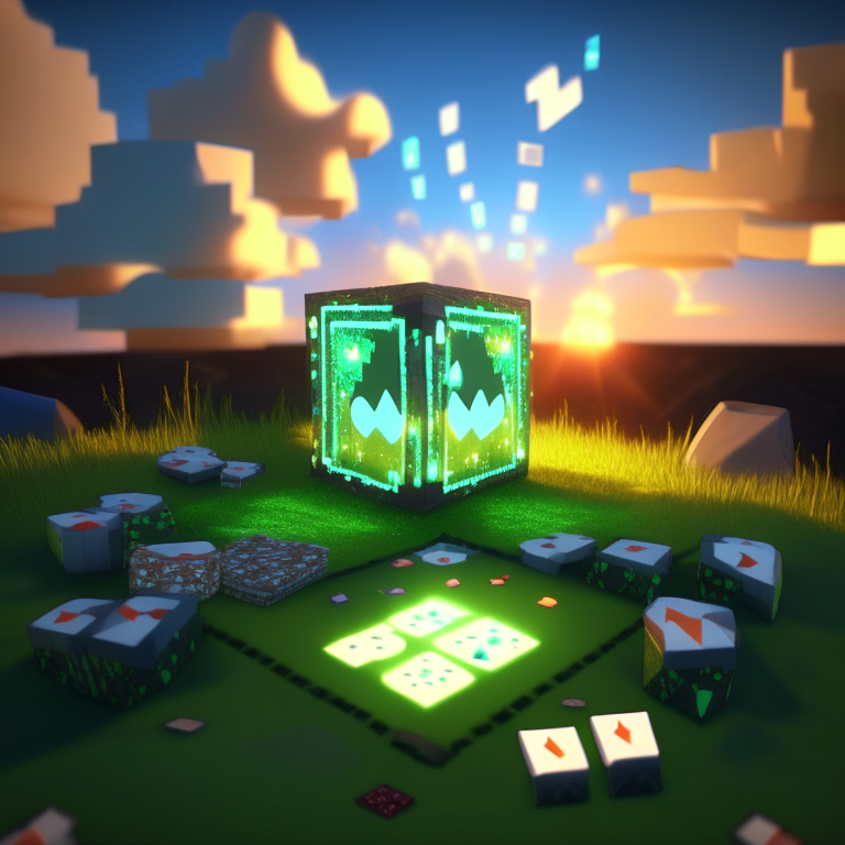 poker card, diamonds, hearts, spades,clubs , black rock nether portal, nether portal made out of glass tubes with lights in them, scene location poker table floor, cartoon sun, 8k realistic , clouds, daytime, minecraft alex orange hair green grass, square clouds