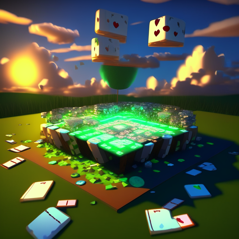 poker card, diamonds, hearts, spades,clubs , black rock nether portal, nether portal made out of glass tubes with lights in them, scene location poker table floor, cartoon sun, 8k realistic , clouds, daytime, minecraft alex orange hair green grass, square clouds