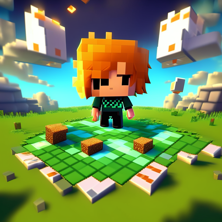 chibi minecraft alex orange hair, nether portal voxel, poker card, diamonds, hearts, spades,clubs , black rock nether portal, scene location poker table floor, cartoon sun, 8k realistic , clouds, daytime,  green grass, square clouds