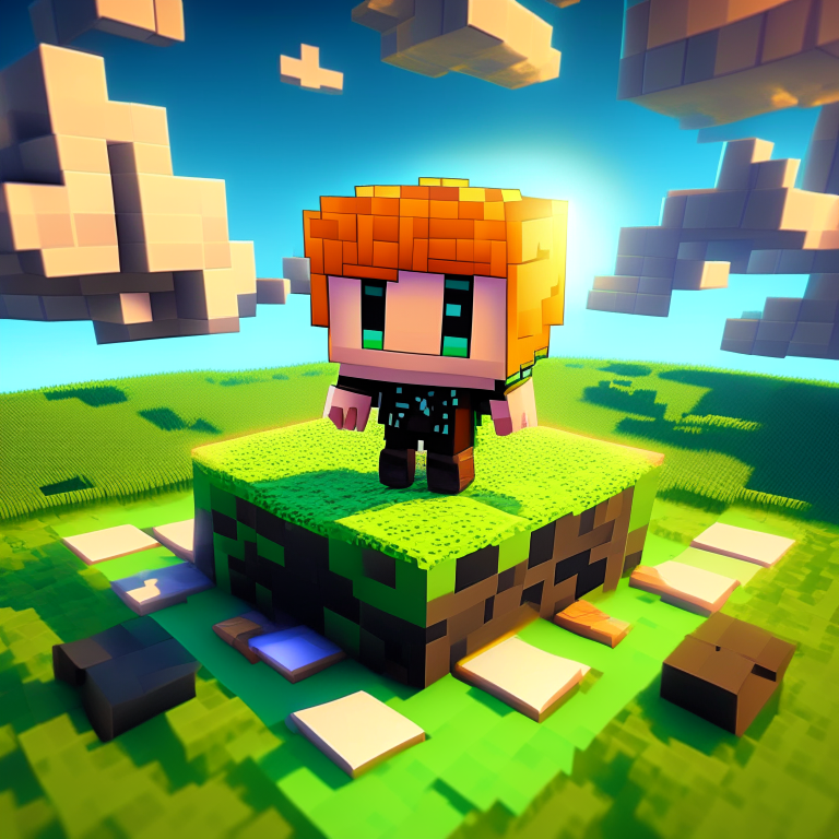 chibi minecraft alex orange hair, nether portal voxel, diamonds, hearts, spades,clubs , black rock nether portal, scene location poker table floor, cartoon sun, 8k realistic , clouds, daytime,  green grass, square clouds, nether portal