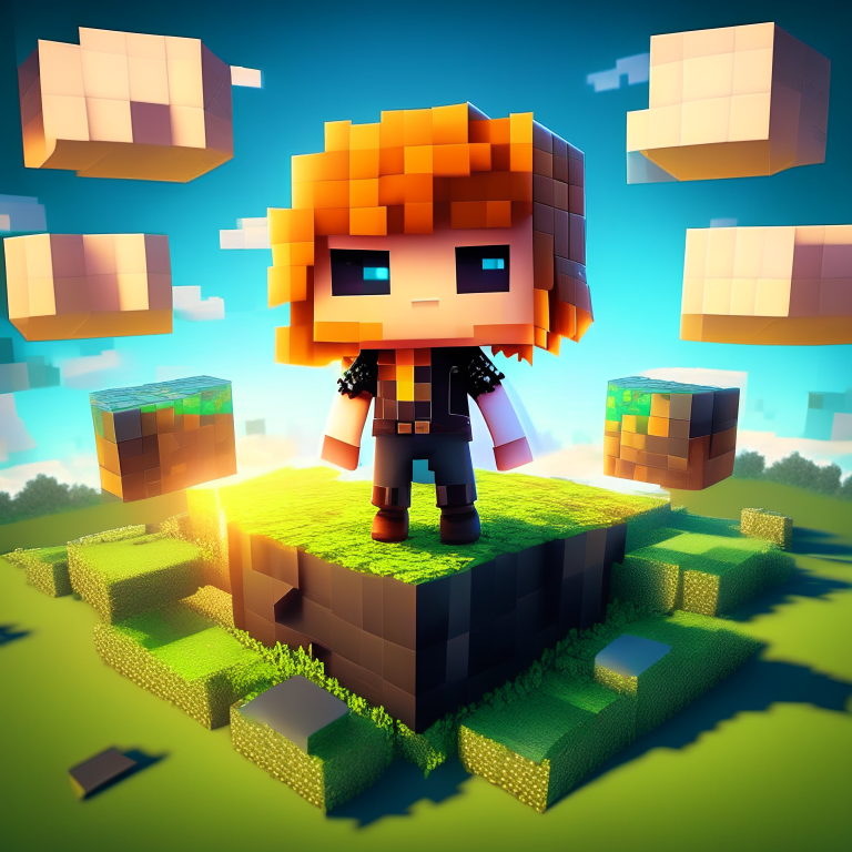 chibi minecraft alex orange hair, nether portal voxel, diamonds, hearts, spades,clubs , black rock nether portal, scene location glass fiji, cartoon sun, 8k realistic , clouds, daytime,  green grass, square clouds, nether portal