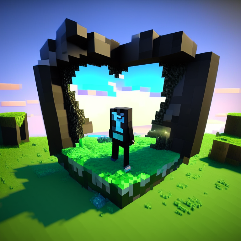 minecraft steve, nether portal voxel, diamonds, hearts, spades,clubs , black rock nether portal, scene location glass fiji, cartoon sun, 8k realistic , clouds, daytime,  green grass, square clouds, nether portal, macabre style