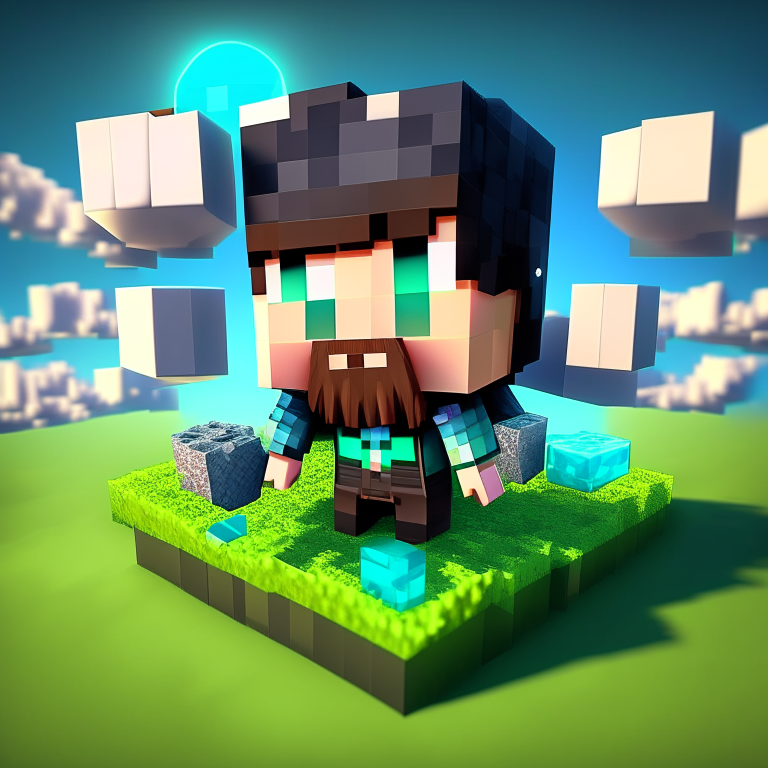 chibi minecraft steve with beard, nether portal voxel, diamonds, hearts, spades,clubs , black rock nether portal, scene location glass fiji, cartoon sun, 8k realistic , clouds, daytime,  green grass, square clouds, nether portal, macabre style