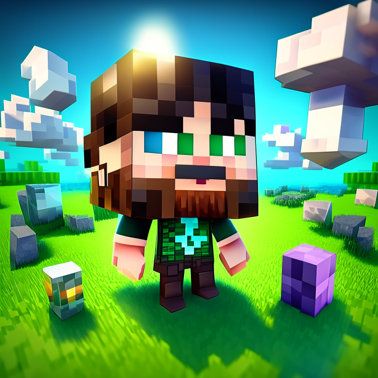 chibi minecraft steve with beard, nether portal voxel, diamonds, hearts, spades,clubs , black rock nether portal, scene location glass fiji, cartoon sun, 8k realistic , clouds, daytime,  green grass, square clouds, nether portal, macabre style