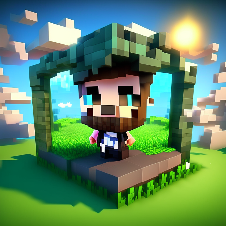 chibi minecraft steve with beard, nether portal voxel, diamonds, hearts, spades,clubs , black rock nether portal, scene location glass fiji, cartoon sun, 8k realistic , clouds, daytime,  green grass, square clouds, nether portal gate, macabre style