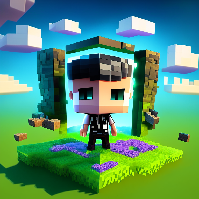 chibi minecraft steve with mohawk, nether portal voxel, diamonds, hearts, spades,clubs , black rock nether portal, scene location glass fiji, cartoon sun, 8k realistic , clouds, daytime,  green grass, square clouds, nether portal gate, macabre style, surreal