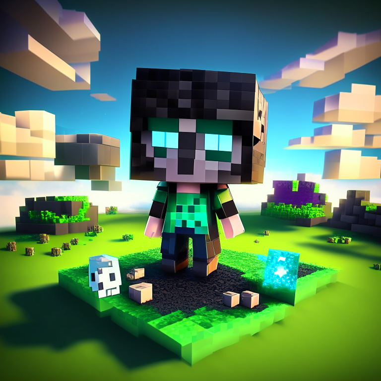 chibi minecraft steve with aliens, nether portal voxel, diamonds, hearts, spades,clubs , black rock nether portal, scene location glass fiji, cartoon sun, 8k realistic , clouds, daytime,  green grass, square clouds, nether portal gate, macabre style, surreal