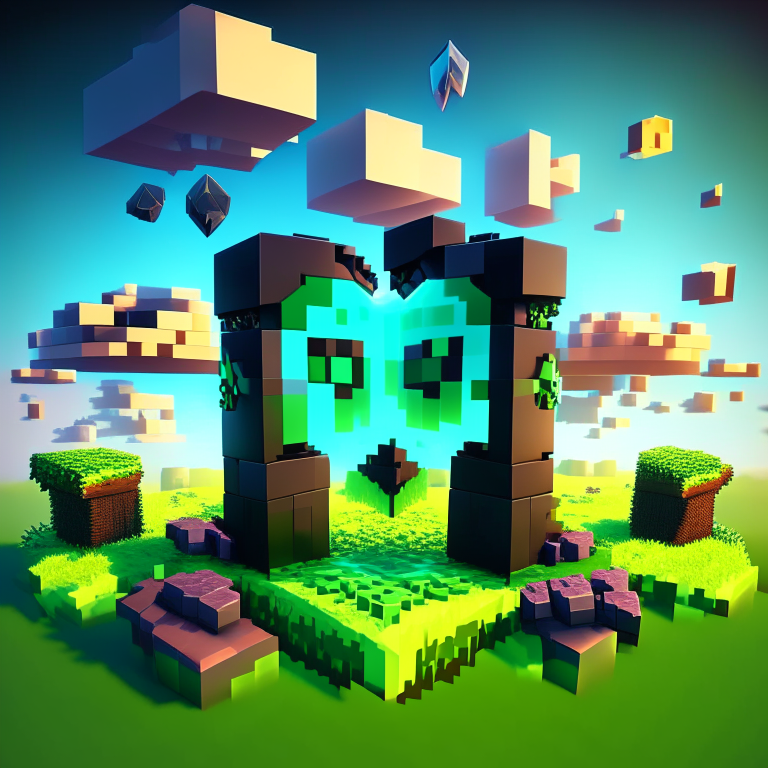 chibi minecraft aliens, nether portal voxel, diamonds, hearts, spades,clubs , black rock nether portal, scene location glass fiji, cartoon sun, 8k realistic , clouds, daytime,  green grass, square clouds, nether portal gate, macabre style, surreal