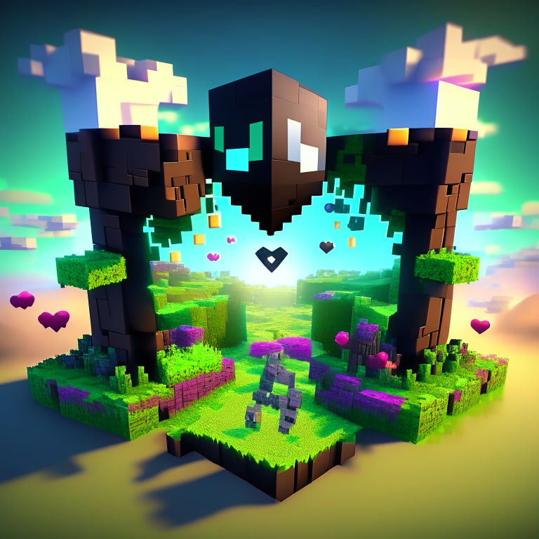 chibi minecraft aliens, nether portal voxel, diamonds, hearts, spades,clubs , black rock nether portal, scene location glass fiji, cartoon sun, 8k realistic , clouds, daytime,  green grass, square clouds, nether portal gate, macabre style, surreal