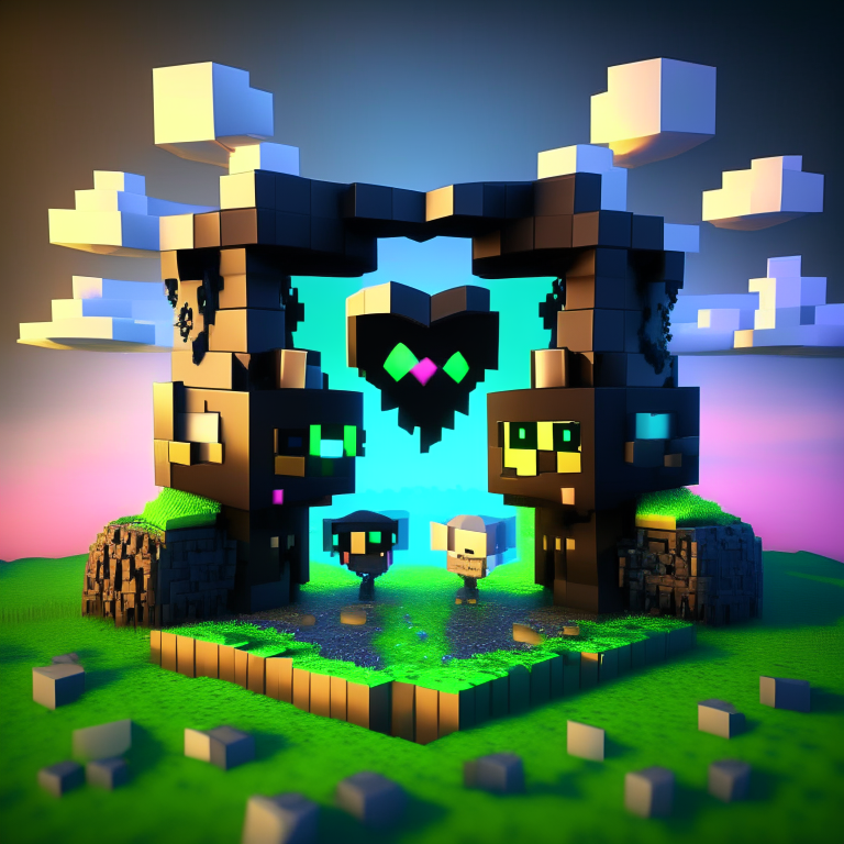 chibi minecraft aliens, nether portal voxel, diamonds, hearts, spades,clubs , black rock nether portal, scene location glass fiji, cartoon sun, 8k realistic , clouds, daytime,  green grass, square clouds, nether portal gate, macabre style, surreal