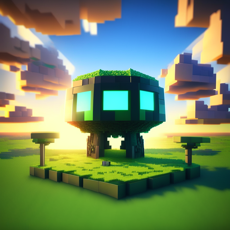 chibi minecraft alien ufo, nether portal voxel, scene location glass fiji, cartoon sun, 8k realistic , clouds, daytime,  green grass, square clouds, nether portal gate, macabre style, surreal