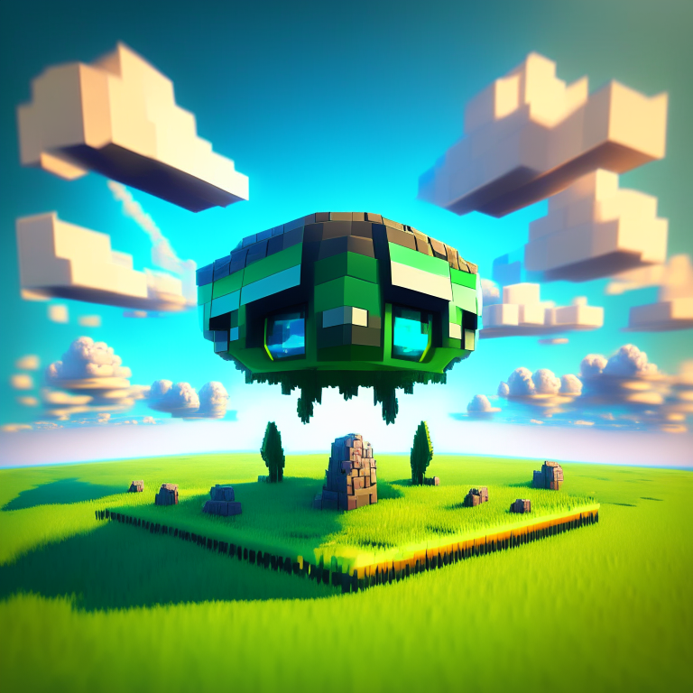 chibi minecraft alien ufo, nether portal voxel, scene location glass fiji, cartoon sun, 8k realistic , clouds, daytime,  green grass, square clouds, nether portal gate, macabre style, surreal painting