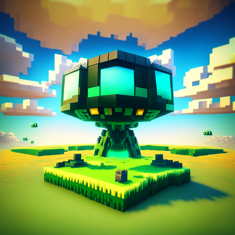 chibi minecraft alien ufo, nether portal voxel, scene location glass fiji, cartoon sun, 8k realistic , clouds, daytime,  green grass, square clouds, nether portal gate, macabre style, surreal painting