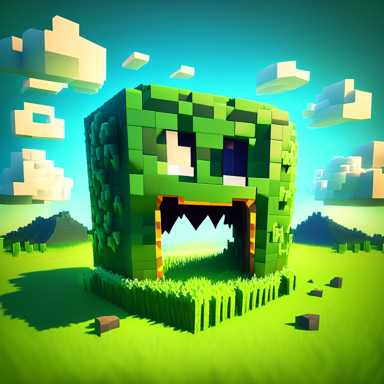 chibi minecraft alien teeth, nether portal voxel, scene location glass fiji, cartoon sun, 8k realistic , clouds, daytime,  green grass, square clouds, nether portal gate, macabre style, surreal painting