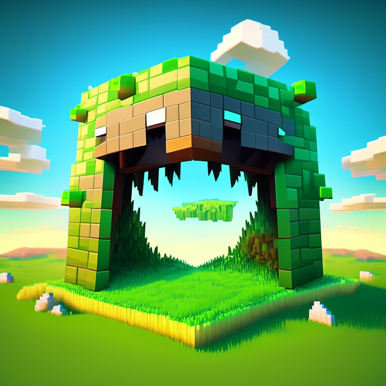 chibi minecraft alien teeth, nether portal voxel, scene location glass fiji, cartoon sun, 8k realistic , clouds, daytime,  green grass, square clouds, nether portal gate, macabre style, surreal painting