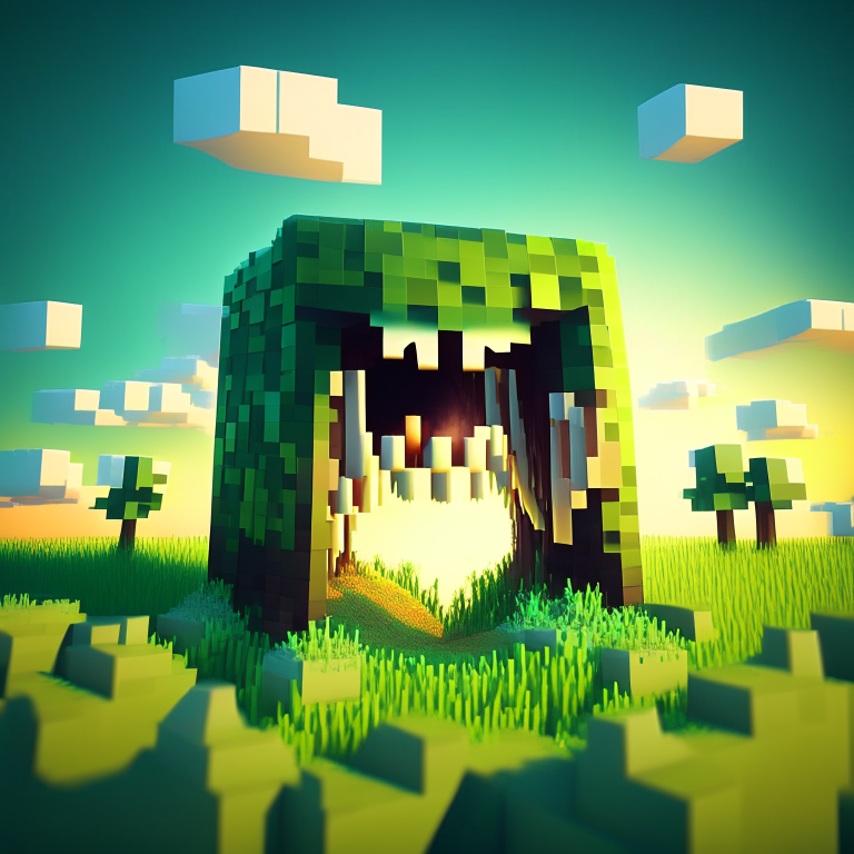 chibi minecraft alien teeth, nether portal voxel, scene location glass fiji, cartoon sun, 8k realistic , clouds, daytime,  green reeds thickets, square clouds, nether portal gate, macabre style, surreal painting