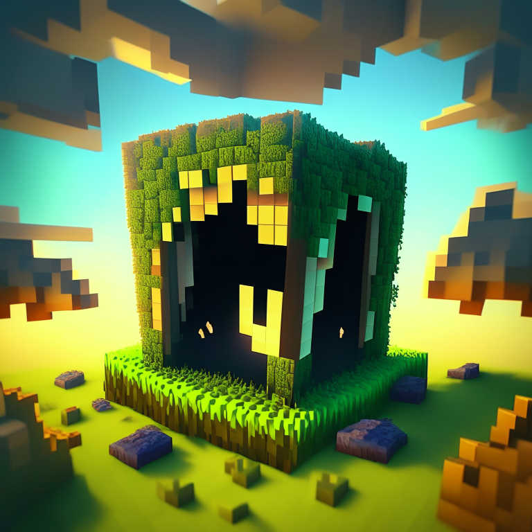 chibi minecraft alien teeth, nether portal voxel, scene location glass fiji, cartoon sun, 8k realistic , clouds, daytime,  moss reeds thickets, square clouds, nether portal gate, macabre style, surreal painting