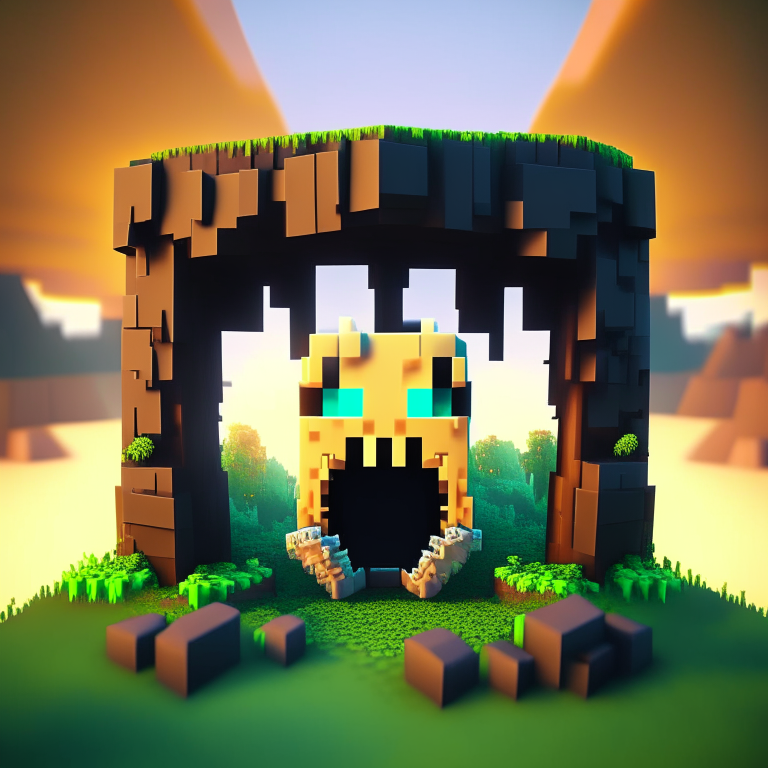 chibi minecraft alien teeth, nether portal voxel, scene location glass fiji, cartoon sun, 8k realistic , clouds, daytime,  moss reeds thickets, square clouds, nether portal gate, macabre style, surreal painting, moai in the background