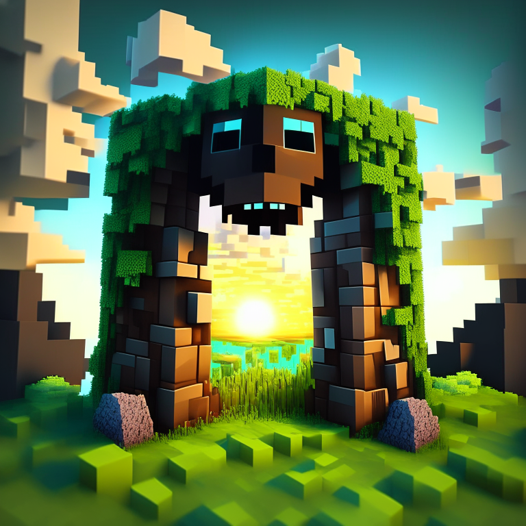 chibi minecraft alien teeth, nether portal voxel, scene location glass fiji, cartoon sun, 8k realistic , clouds, daytime,  moss reeds thickets, square clouds, nether portal gate, macabre style, surreal painting, moai in the background