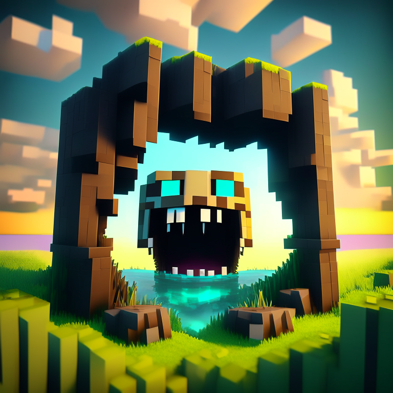 chibi minecraft alien teeth, nether portal voxel, scene location glass fiji, cartoon sun, 8k realistic , clouds, daytime,  moss reeds thickets, square clouds, nether portal gate, macabre style, surreal painting, moai in the background
