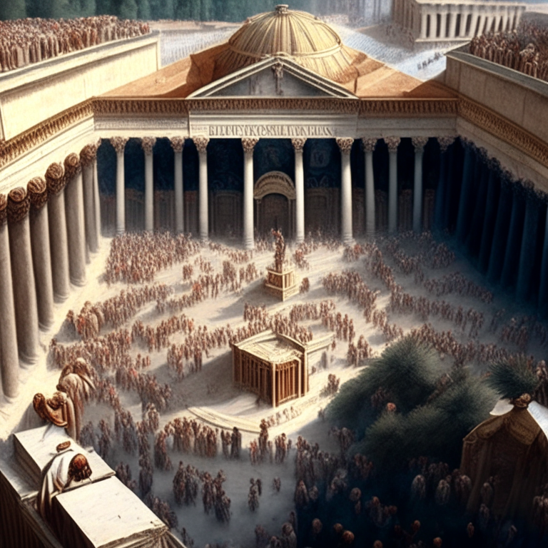 ancient rome, marble buildings with columns, crowd in a feast celebrates Caesar's triumph, aerial view, realistic
