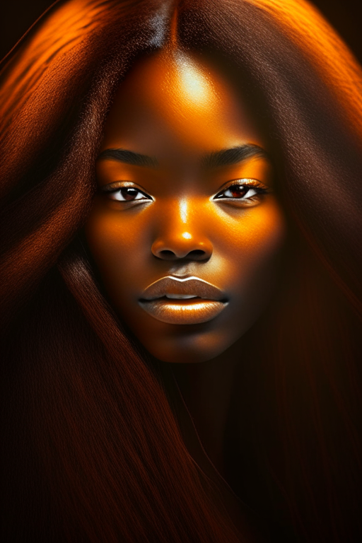 Face of an African woman with beautiful long hairs with orange glow around her