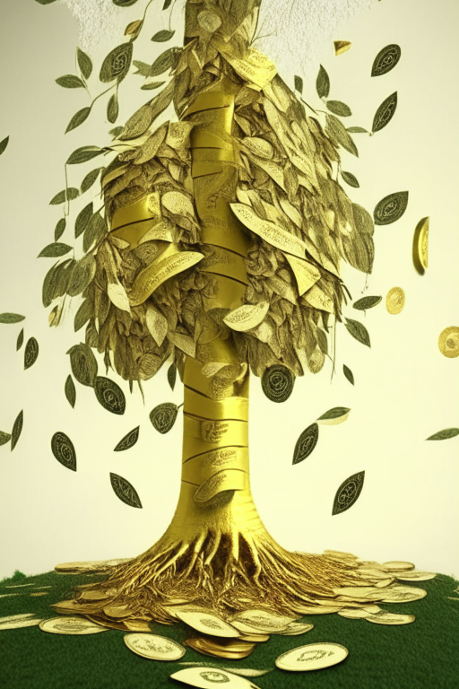 money with gold in a tree with leaves of dollar bills in cash