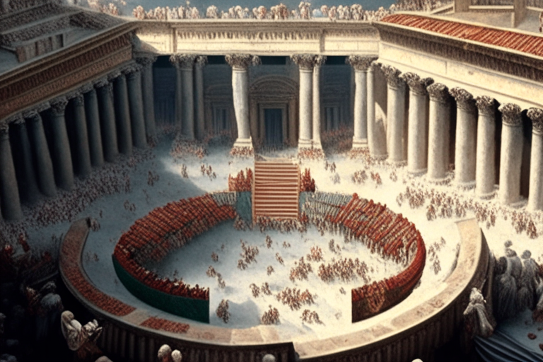 ancient rome, marble buildings with columns, roman soldiers crowd in a feast celebrates Caesar's triumph, aerial view, realistic