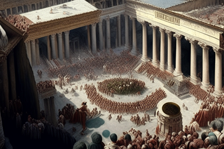 ancient rome, marble buildings with columns, crowd in a feast celebrates Caesar's triumph, aerial view, realistic