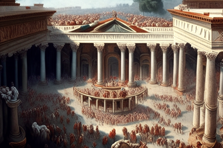 ancient rome, marble buildings with columns, crowd in a feast celebrates Caesar's triumph, aerial view, realistic